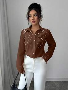 Elenzga Áo dài tay đính ngọc trai màu mơ cho nữ - Cà phê nâu - Xem 4