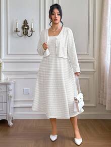 Roveilla Plus Size Women Tweed Vest Dress & Jacket 2 Pieces Set - White - View 4