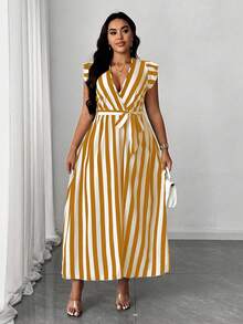 Maweii Plus Size Women Striped Overlap V-Neck Cap Sleeve Casual Dress - Orange - View 7