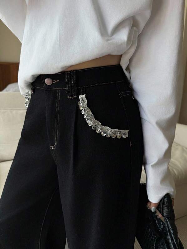 K-Vae 女士秋冬黑色羊毛保暖牛仔裤，丝带装饰口袋，学院风，韩版风，万圣节服装，别致的秋季