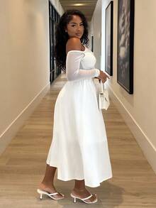 Alexandranx White Asymmetrical Pleated Long Sleeve Dress, Gorgeous And Romantic, Women,Brunch Women Outfit,Sun Dress,Tea Party Dress,White Graduation Dress - White - View 4