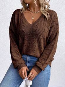 Plus Size Women Casual Maillard Color V-Neck Pullover Sweater - Coffee Brown - View 4