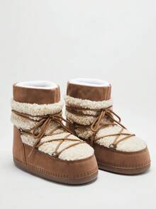 Solezae 女士冬季保暖时尚舒适系带圆头短靴 - 淺灰色 - 查看 6