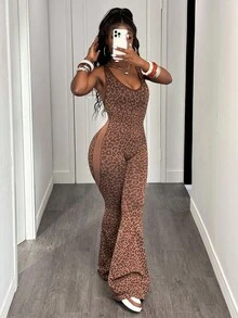 Slaydiva 1 件豹纹扭曲镂空后背深 V 喇叭连体裤 - 咖啡棕 - 查看 7