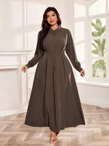 SHEIN Clasi Vestido de manga farol de unicolor elegante talla grande, adecuado para ir al trabajo - Marrón - Ver 5