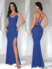Coutiva Women's Solid Color Backless Tie Strap Design Side Slit Hem Fitted Sexy Spaghetti Strap Formal Evening Gown - Blue - View 1