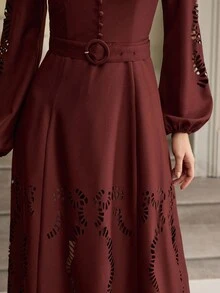 ZEYLAH Women's Solid Color V-Neck Button Design Lantern Sleeve Hollow Out Elegant Maxi Dress - Brown - View 2