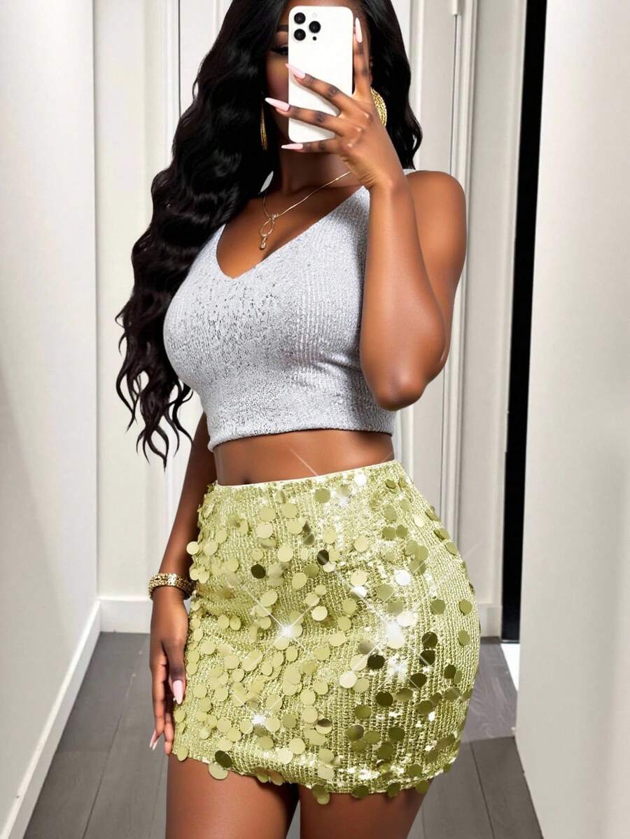 Zolique 女士亮片装饰休闲迷你裙，度假 - 香檳色 - 查看 1