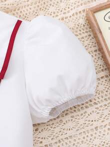 Tween-Mädchen T-Shirt-Set, weißes Oberteil mit stylischem Kragen, gepaart mit schwarz gestreifter Taillenkrawatte und schwarzer Schlaghose, Sommerurlaub - Rot - Übersicht 6