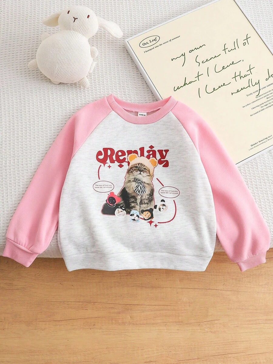 Genkimix Kids Áo nỉ Raglan vai màu khối Genkimix cho bé gái, thiết kế in hình mèo dễ thương, phong cách ngọt ngào và đáng yêu, thích hợp mặc vào mùa xuân, mùa thu, mùa đông, thích hợp mặc đi chơi, đi học, mặc thường ngày - Hồng - Xem 1