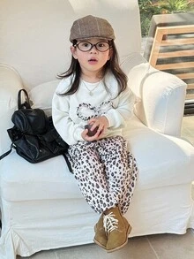 DAZY 2 件套女婴圆领蝴蝶结装饰韩版卫衣和豹纹印花套装秋冬 - 杏色 - 查看 6