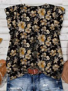 EMERY ROSE 休闲复古花卉图案V领简约女式衬衫，适合夏季 - 黑色 - 查看 2