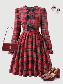 Women's 3D Colorblock Bow Design, Plaid Fabric Puff Sleeve Dress, Suitable For Casual Daily Wear And Christmas Holiday Outfits