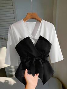 Modelyn 女式二合一 3/4 袖打结腰优雅衬衫 - 黑色 - 查看 1