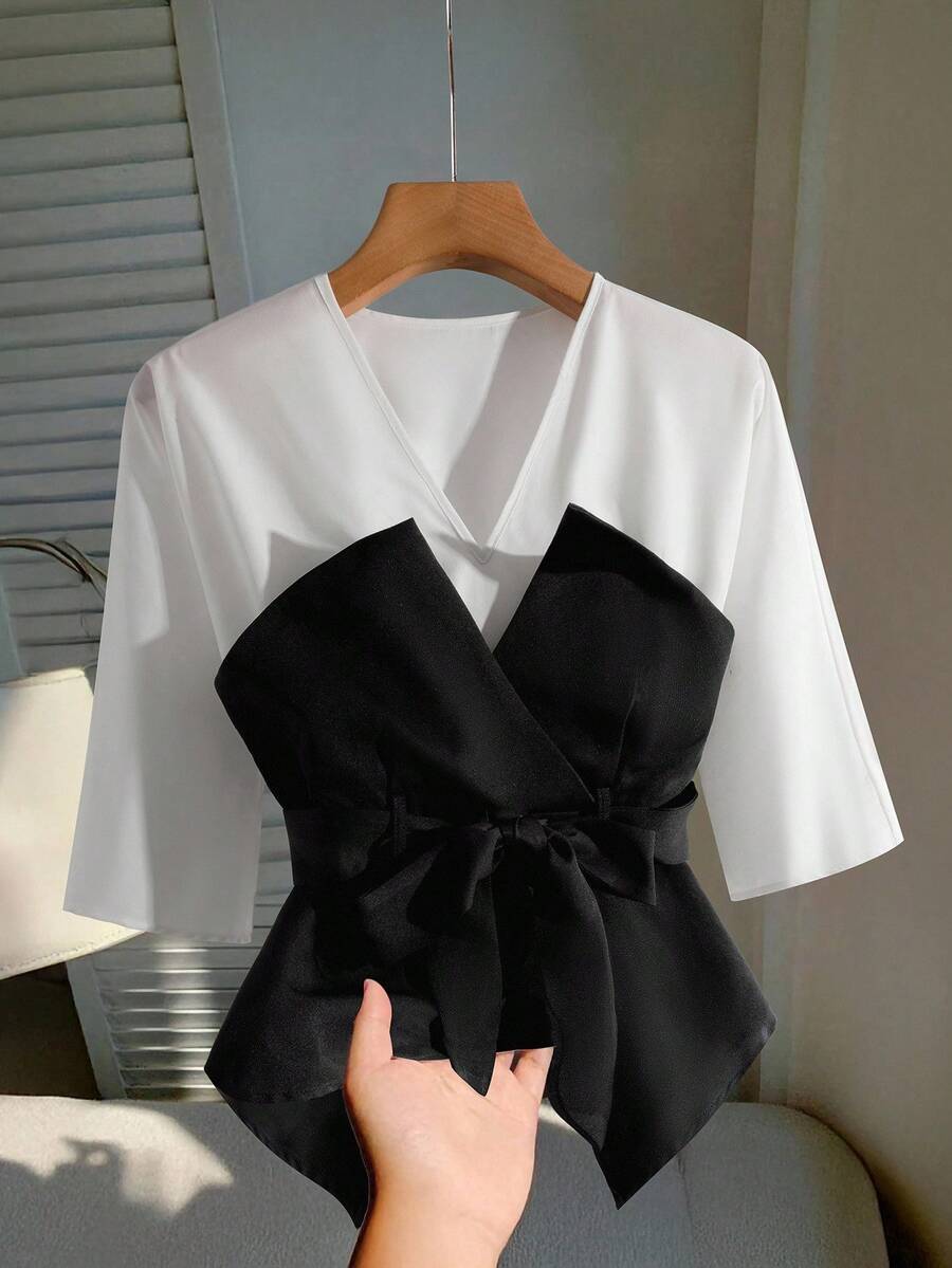 Modelyn 女式二合一 3/4 袖打结腰优雅衬衫 - 黑色 - 查看 1