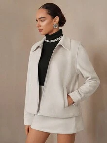 Modelyn Áo khoác ngoài ngắn thời trang cổ điển có khóa kéo bằng da lộn dành cho nữ, màu xám nhạt, mùa thu - Màu Xám nhạt - Xem 6