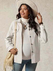 Boho Mama Maternity Solid Color Drop Shoulder Long Sleeve Single-Breasted Casual Regular Jacket - Apricot - View 5