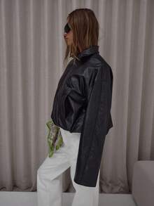 MUSERA 高领拉链落肩仿皮夹克，可爱优雅性感街头风，适合夜间外出和冬季派对。 - 綠色 - 查看 4