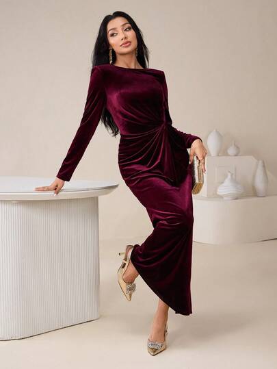 Veilorie Women's Elegant Velvet Twist Long Dress  Winter Dresses For Women Party Dress Wedding Guest Dress For Women, Christmas