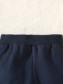 SHEIN 韩版新生儿卡通熊刺绣卫衣和舒适合身长袖裤两件套服装套装，休闲婴儿服装 - 寶藍色 - 查看 6