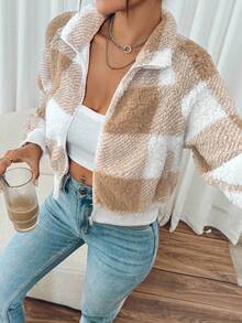 SHEIN Frenchy 女式休闲学院风图案拉链泰迪羊毛夹克，秋冬 - 杏色 - 查看 5