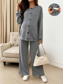 SHEIN Bộ đồ bầu 2 món: Áo khoác dài tay trễ vai màu trơn và quần cạp chun điều chỉnh, trang phục thường ngày cho mùa thu - Xám - Xem 7