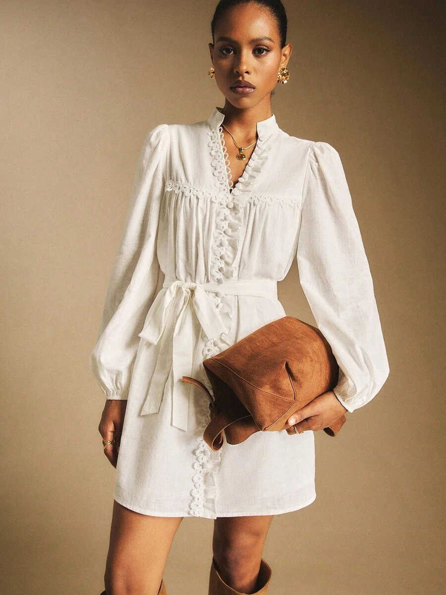 Poéselle 女士休闲纯色腰带长袖短款连衣裙 - 白色 - 查看 1