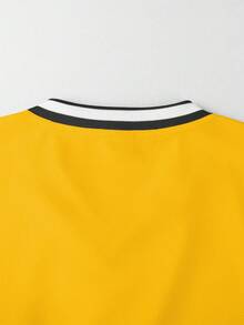 Manfinity Campus Court 男士休闲宽松V领卫衣，秋季长袖上衣 - 黃色 - 查看 4