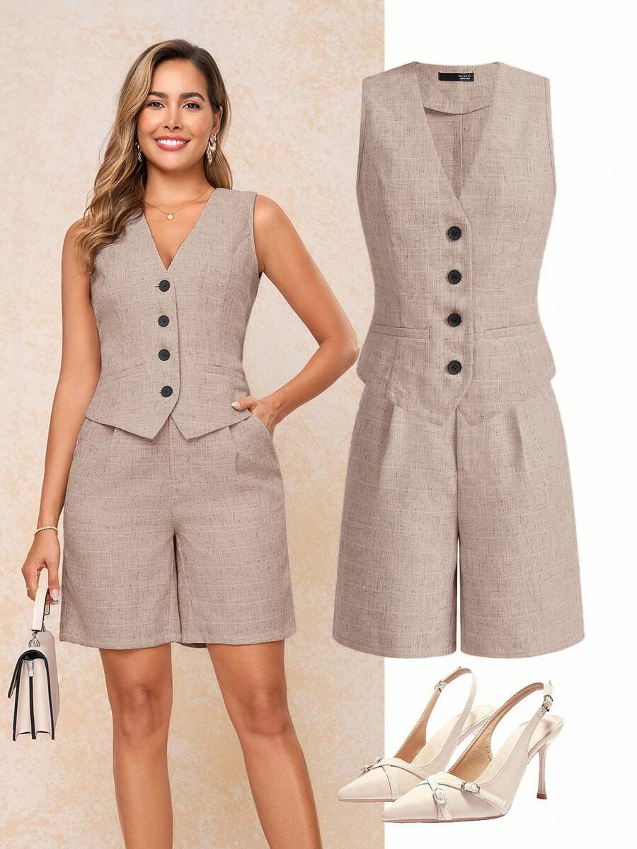 Ellevyn 女士纯色 V 领无袖时尚前扣优雅背心和短裤通勤办公室风格套装 - 粉色 - 查看 1