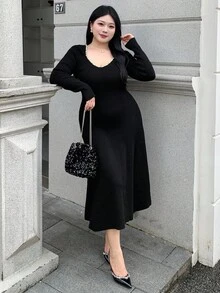 Dazy Plus 大码女式深 V 领水钻装饰紧身派对长袖超长毛衣裙，秋冬舞会礼服 - 黑色 - 查看 4