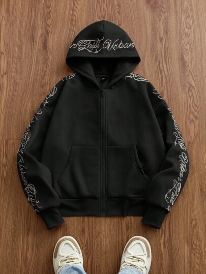 SWAVVY Sudadera con capucha de punto casual y holgada con texto en inglés bordado para hombre, para otoño e invierno, para parejas, de manga larga