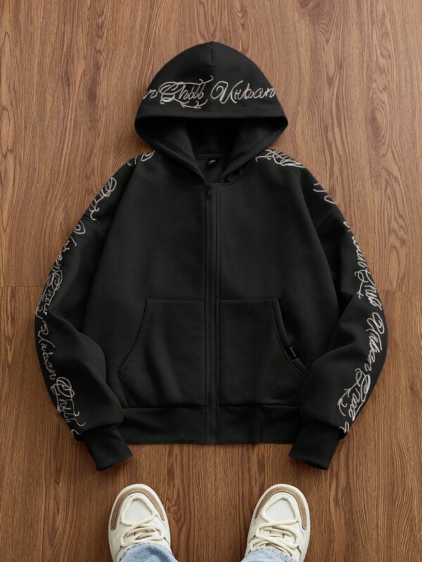 SWAVVY Sudadera con capucha holgada de punto de moda diaria casual con texto en inglés bordado, para otoño e invierno, para parejas