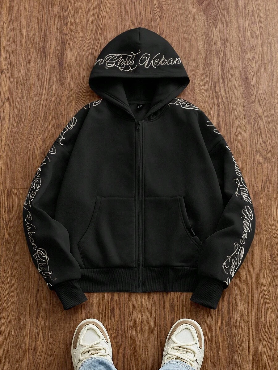 SWAVVY 男士针织时尚日常休闲宽松刺绣英文文字连帽衫，秋季、冬季、情侣装、长袖上衣 - 黑色 - 查看 1