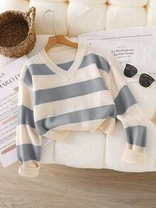 SHEIN Tween Girls Sweaters 1pc Chic Blue And White Stripe,Autumn,Casual,Holiday,Back-To-School Knit V-Neck Long Sleeve Cropped Pullover,Thick Textured Knit - Grey - View 2