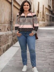 SHEIN LUNE Gold glitzernder gestreifter Muster Große Größen Halb-Reißverschluss Rundhals Loose Langarm T-Shirt, geeignet für den Herbst - Verschiedenfarbig - Übersicht 3