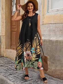 EMERY ROSE Plus Size Tropical Print Sleeveless Long Dress For Summer Holiday - Multicolor - View 4
