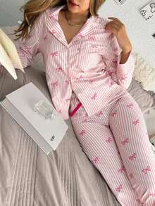 SweetSlumber Bow Tie & Striped Print Long Sleeve Pajama Set, Fall Clothes  Cozy And Elegant Details