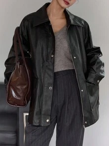 DAZY 女士PU皮革中长款休闲常规夹克女式外套