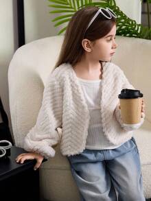 少女纯色灯笼袖开襟羊毛夹克