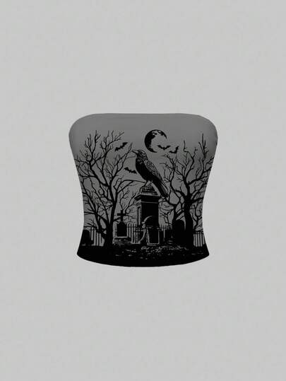 Grunge Punk Halloween Gothic Horror Mysteriöses Grab Schwarz & Grau Sexy Crop Top für Frauen