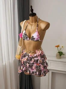 Bellisia Bộ bikini và váy xếp tầng 3 món họa tiết bướm và hoa lan da báo gợi cảm mùa hè, thích hợp cho kỳ nghỉ biển. - Nhiều màu - Xem 4