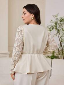 Modelyn Áo khoác ren tương phản thanh lịch cỡ lớn cho nữ, cài một hàng khuy, viền xếp nếp, mùa thu - Màu be - Xem 2