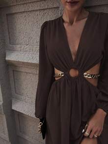 EMERY ROSE Vestido largo de mujer con abertura en el muslo, mangas de linterna con anillo en la cintura y corte en la cintura - Marrón Chocolate - Ver 6