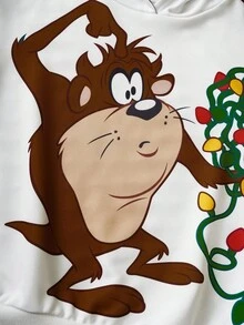 LOONEY TUNES X SHEIN Sudadera con capucha casual de Navidad para niño preadolescente, con estampado divertido y lindo de dibujos animados, hombros caídos, suelta y forrada a cuadros