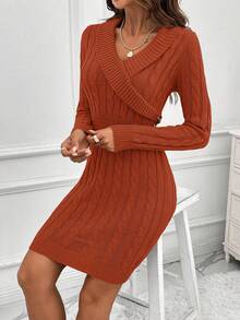 EMERY ROSE Elegant Solid Color Fitted Long Sleeve Sweater Dress For Women - Burnt Orange - View 4