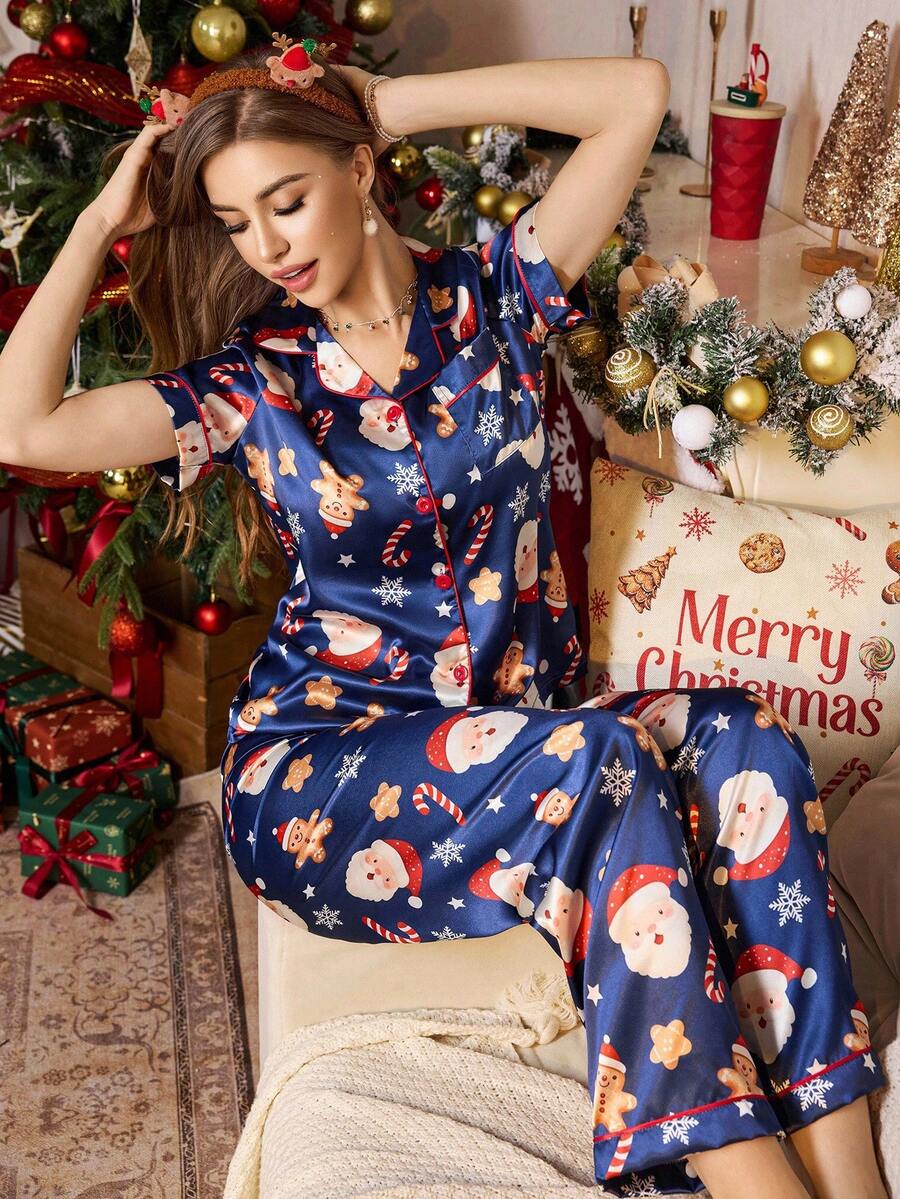 Christmas Element Printed Faux Silk Lapel Collar Women Pajama Set Women ...