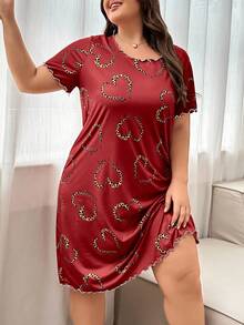 加大码豹纹爱心印花短袖睡裙，Moo Moo睡衣 - 紅色 - 查看 6