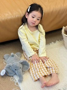 DAZY 2 Stücke/Set Kleinkind Mädchen Lässig Rundhals Langarm Top und karierte locker sitzende Hose Pyjama Set