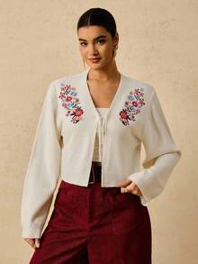 Travachic Cárdigan de mujer de talla grande bordado para otoño/invierno - Blanco - Ver 4
