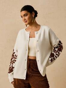 Travachic Áo len cardigan tay dài cài nút phía trước dáng rộng thoải mái cho nữ cỡ lớn vào mùa thu/đông - Màu be - Xem 1